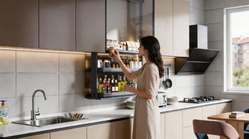 Application of electric lifting seasoning rack in kitchen Application of electric lifting seasoning rack in kitchen